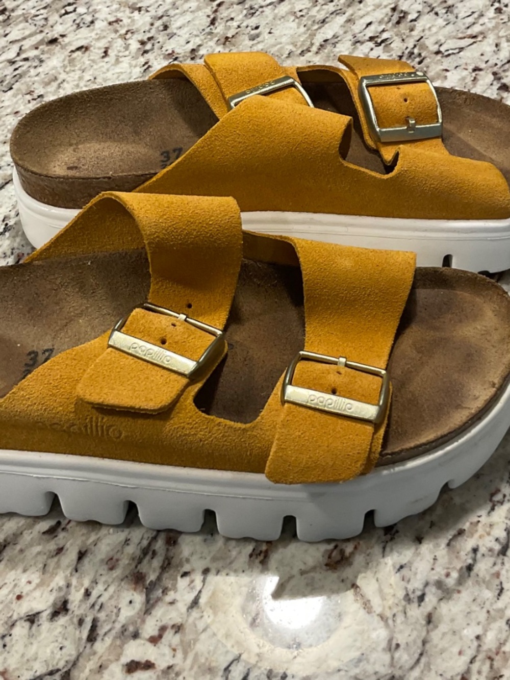 Papillio by Birkenstock Platform Slide Sandals — Mustard Suede — Size 37 - Picture 9 of 9